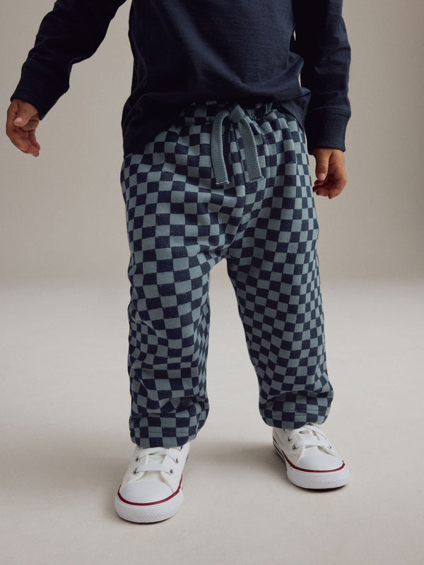 Navy Blue Checkerboard 100% Cotton Patterned Jersey Joggers (3mths-7yrs)