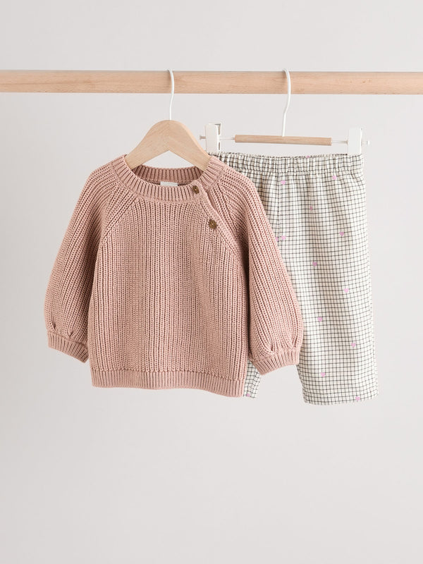 Pink/White Knitted 100% Cotton Baby Jumper & Woven Trousers Set (0mths-2yrs)