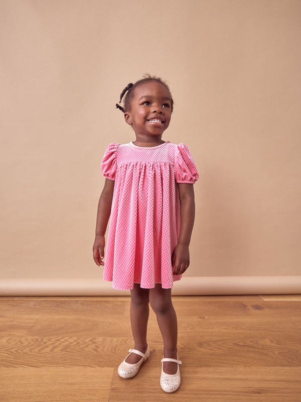 Pink Textured Puff Sleeve Velvet Party Dress (3mths-10yrs)