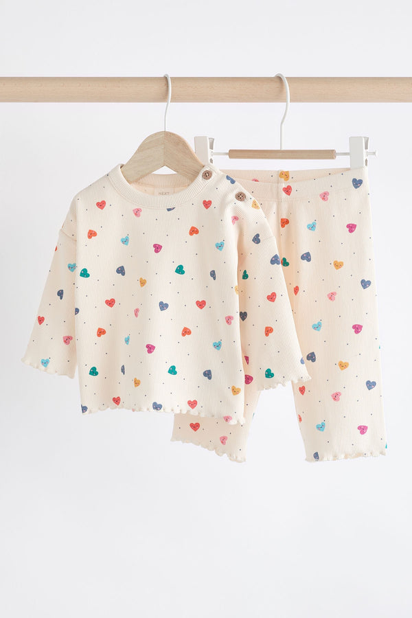 White/Multicolour Heart Print Baby 2 Piece Top & Wide Leg Trousers Set