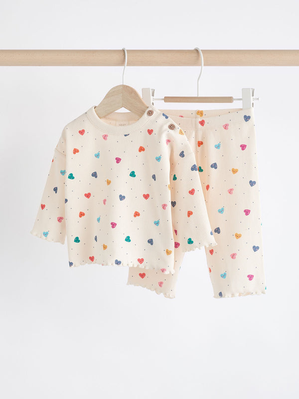 White/Multicolour Heart Print Baby Top and Wide Leg Trousers 2 Piece Set