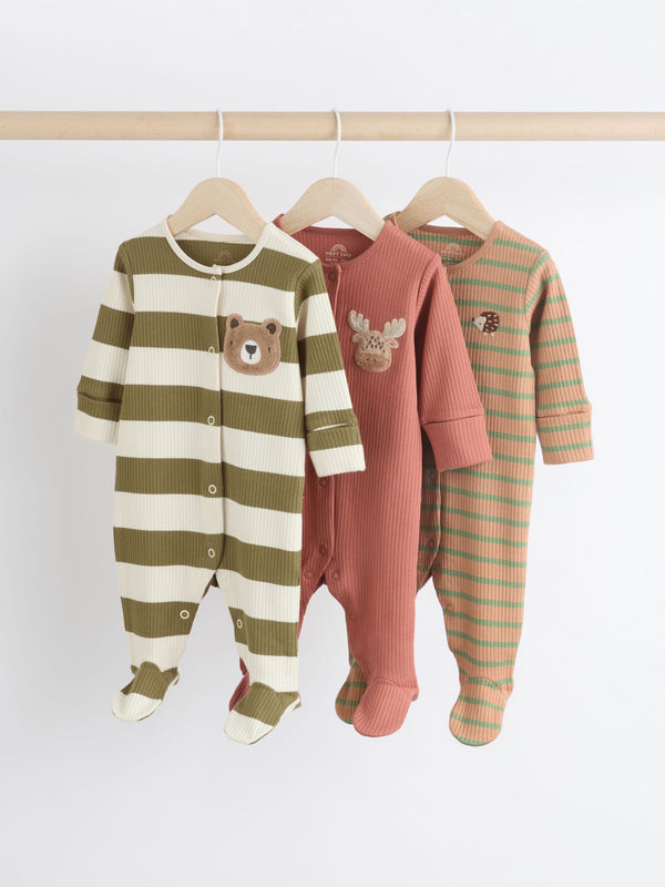 Brown/Khaki Baby 100% Cotton Sleepsuits 3 Pack