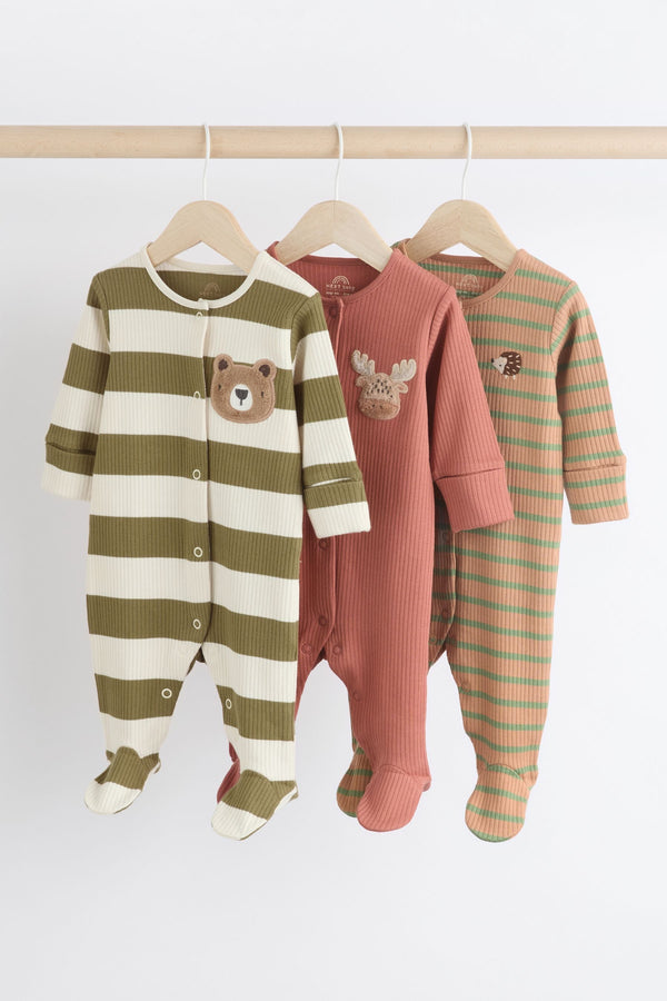 Brown/Khaki Baby Smiley Printed 100% Cotton Sleepsuits 3 Pack (0mths-2yrs)