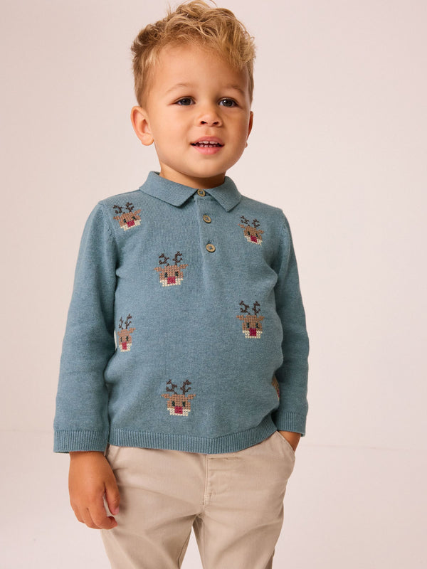 Blue Reindeer 100% Cotton Christmas Long Sleeve Knitted Polo Shirt (3mths-7yrs)