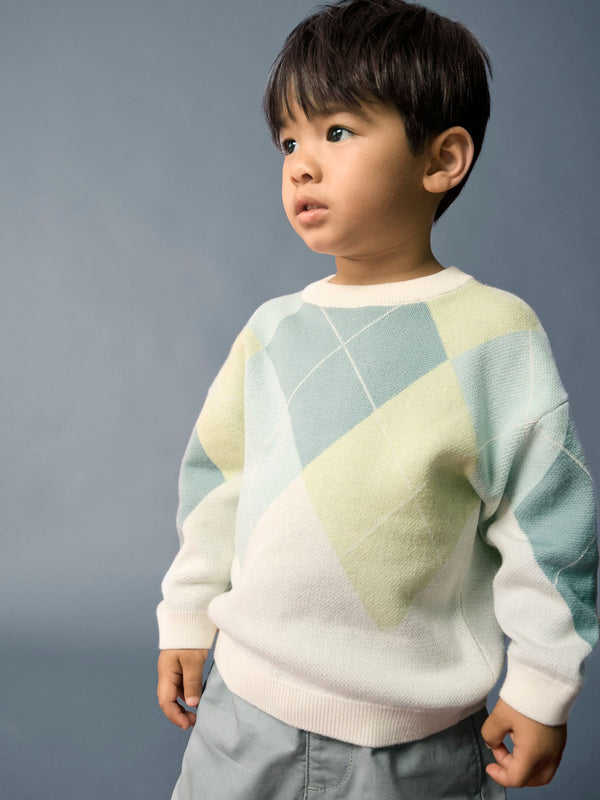 Green/Blue Argyle Knitted Crew Neck Cotton Jumper (3mths-7yrs)