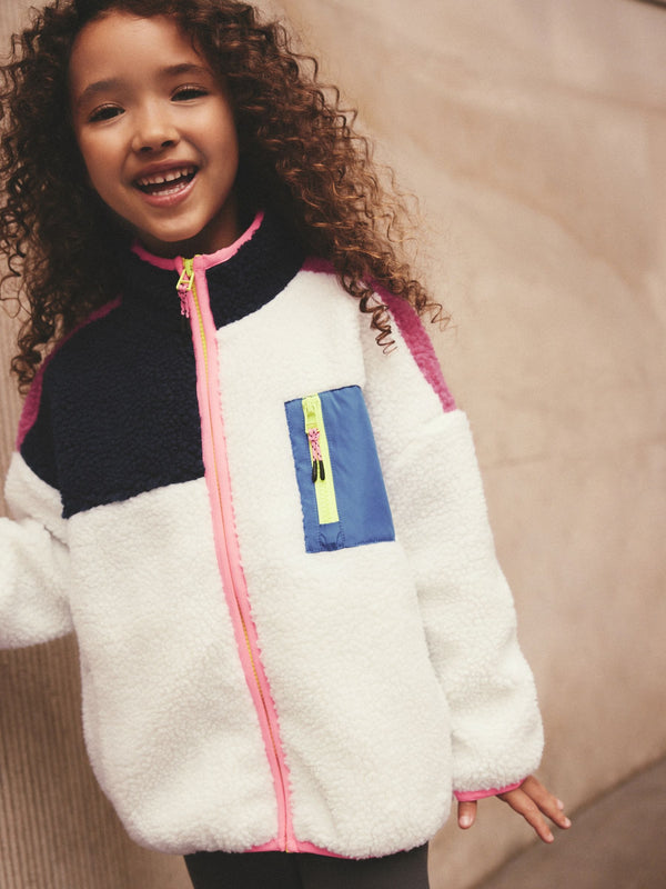 Ecru White Colour Block Borg Zip Through Jacket (3-16yrs)