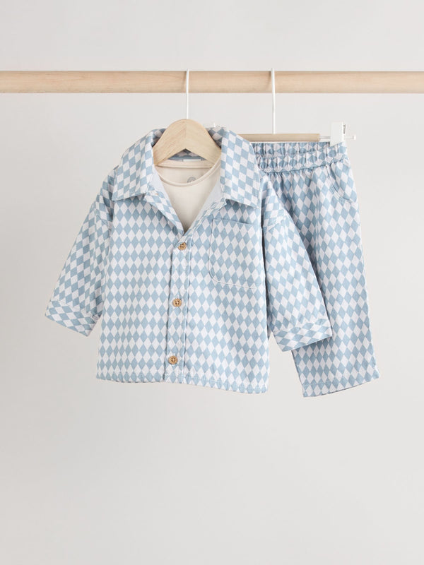 Blue Harlequin Baby Shirt And Trousers 100% Cotton Set 3 Piece (0mths-2yrs)