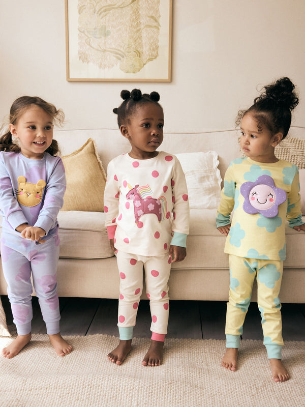Pastel Cat/ Unicorn/ Flower Long Sleeve Snuggle Pyjamas 3 Pack (9mths-12yrs)