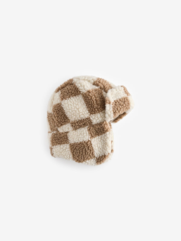Check Neutral/Ecru Borg Trapper Hat (3mths-10yrs)