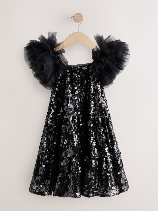 Black Puff Sleeve Sequin Party Dress (3-14yrs)