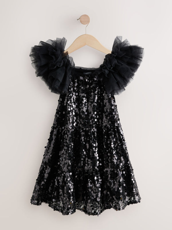 Black Puff Sleeve Sequin Party Dress (3-14yrs)