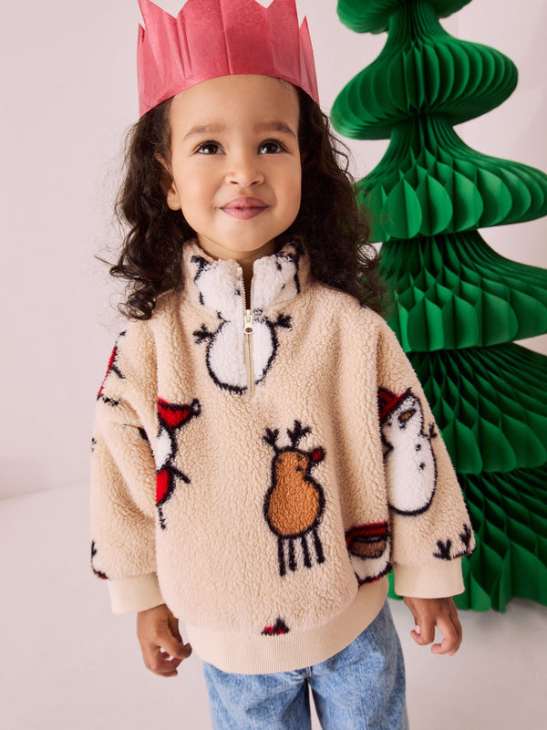 Cream Christmas Borg Fleece Half Zip Top (3mths-7yrs)