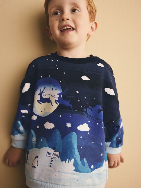 Navy Reindeer Scene Christmas Crew Neck 100% Cotton Sweatshirt (3mths-7yrs)