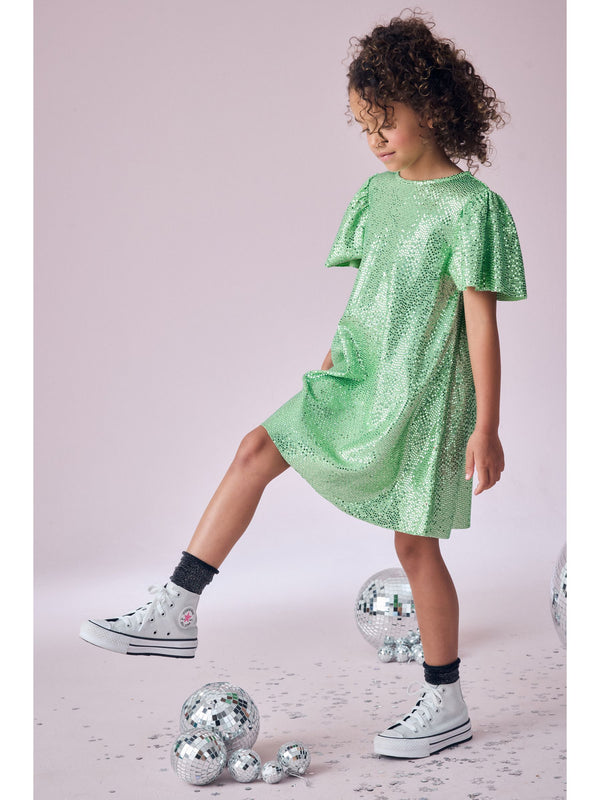 Green Sparkle Angel Sleeve Party Sequin Dress (3-16yrs)