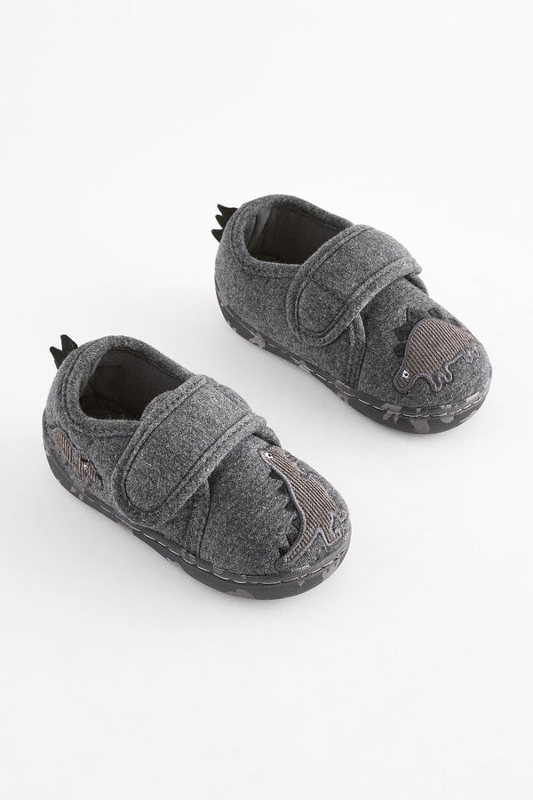 Grey Dino Touch Fastening Cupsole Slippers