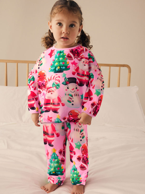 Pink Christmas Santa Cosy Fleece Pyjamas (9mths-16yrs)