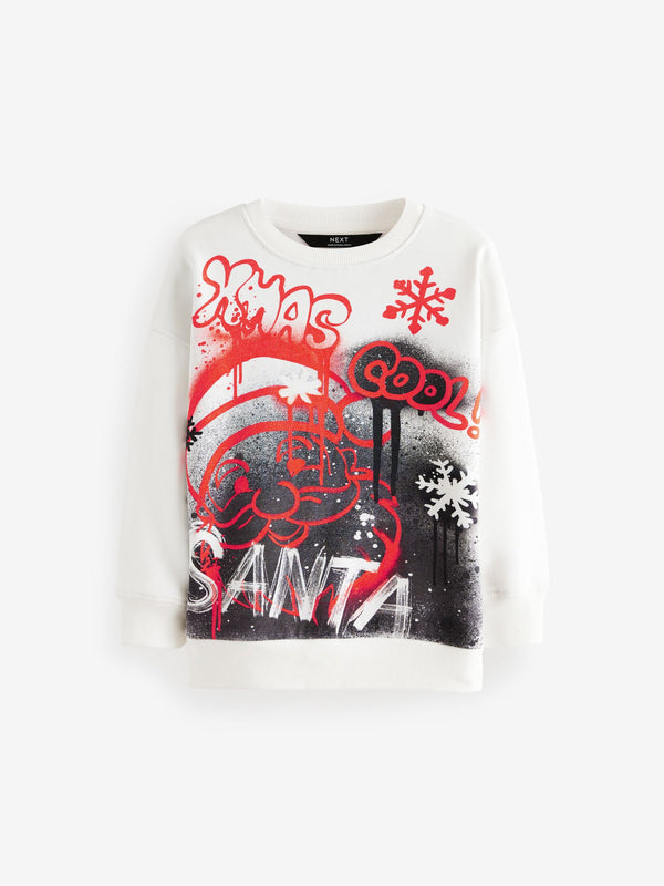 White Graffiti Christmas Graphic Crew Neck 100% Cotton Sweatshirt (3-16yrs)