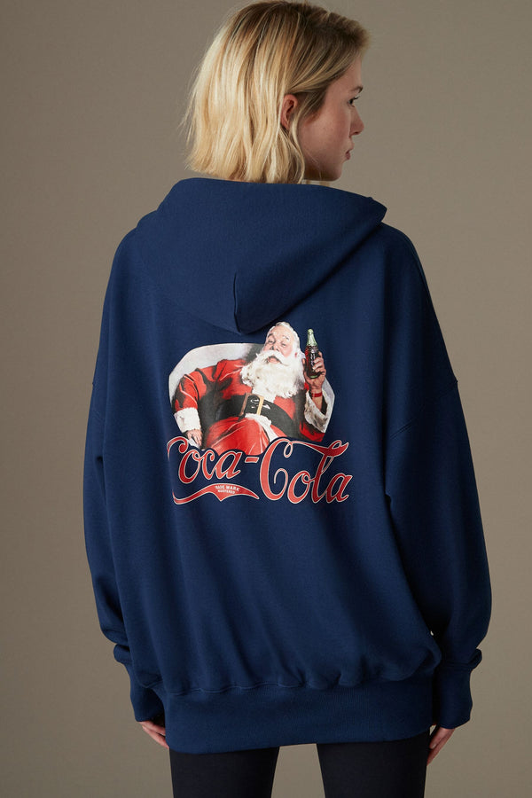 Navy Coca Cola Official License Christmas Santa Novelty Back Graphic Hoodie Sweatshirt