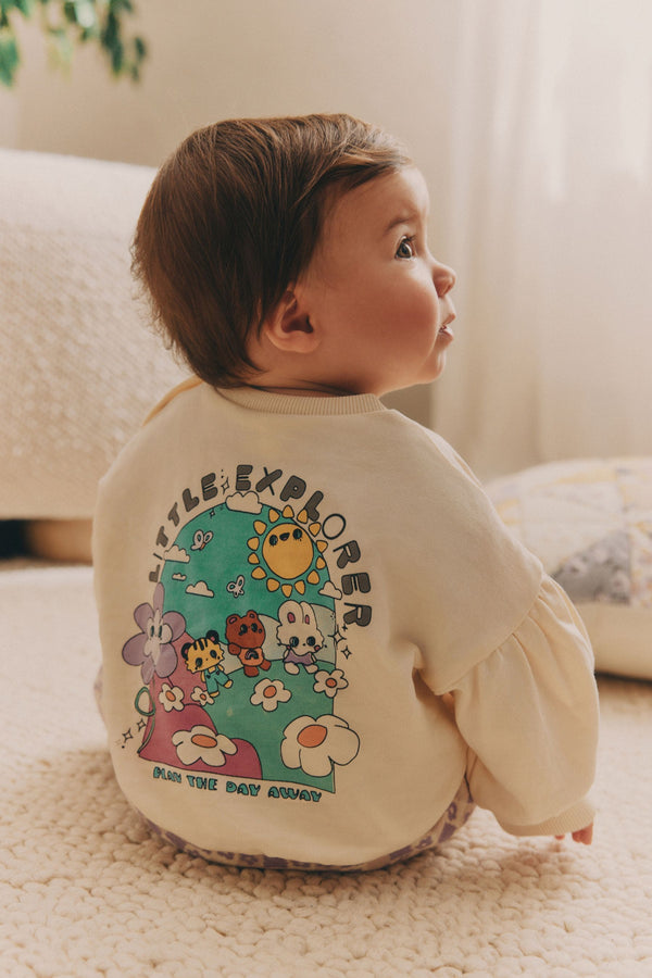 Cream/Lilac Purple Character Graphic Baby Long Sleeve Top & Joggers Set