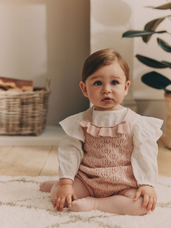 Pink Baby Knitted Romper 100% Cotton Dungarees With Blouse And Tights (0mths-2yrs)