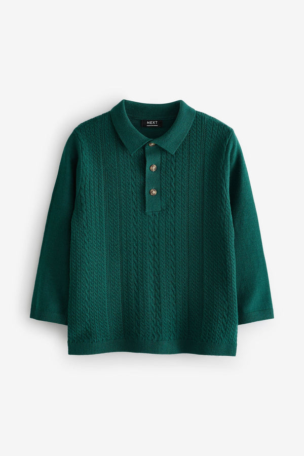 Green Long Sleeve Cable Polo Shirt (3mths-7yrs)