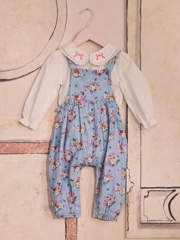 Cath Kidston Blue Floral Baby Woven 100% Cotton Dungarees & Long Sleeve Blouse Set