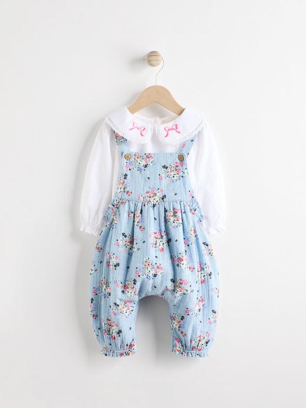 Cath Kidston Blue Floral Baby Woven 100% Cotton Dungarees & Long Sleeve Blouse Set