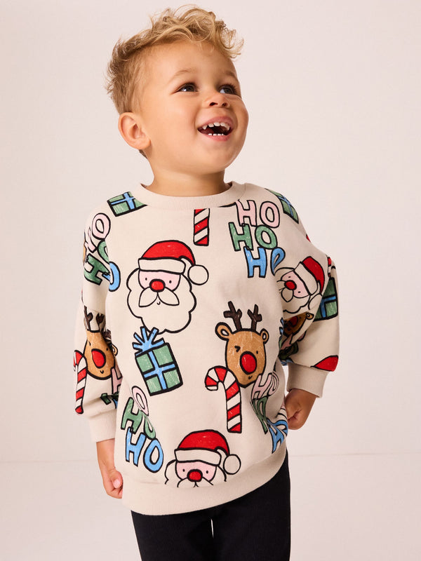 Ecru Cream All Over Print Christmas Sweatshirt And Leggings Set (3mths-7yrs)