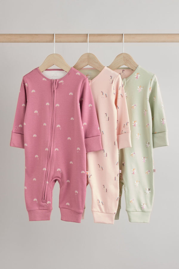 Pastel Character Baby Printed 100% Cotton Zip Sleepsuit 3 Pack (0mths-3yrs)