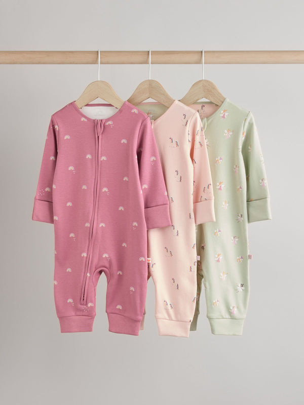 Pastel Character 3 Pack 3 Pack Two Way Zip Baby Sleepsuits (0mths-3yrs)