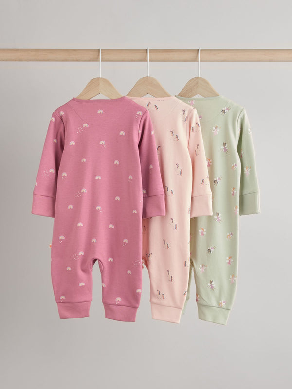 Pastel Character 3 Pack Baby Printed 100% Cotton Zip Sleepsuits (0mths-3yrs)