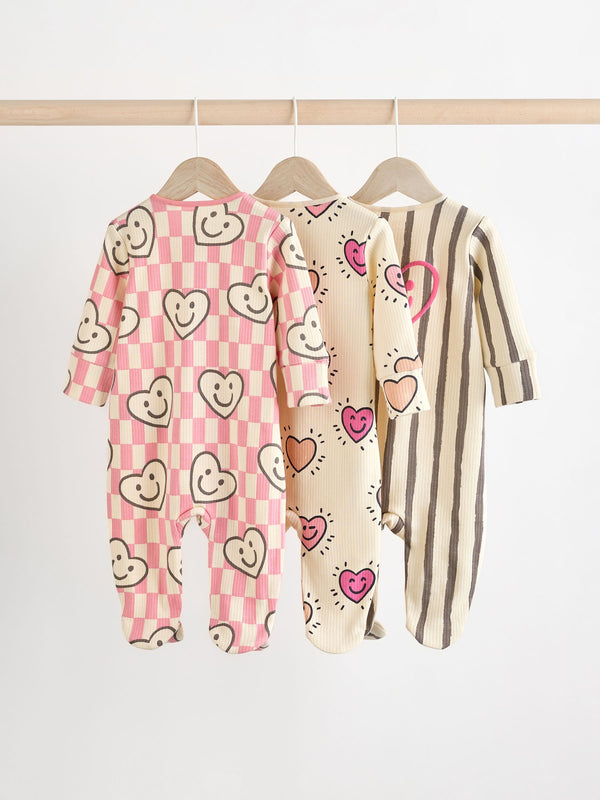 Pink Happy Heart Baby Two Way Zip Floral Print 100% Cotton Sleepsuits 3 Pack (0mths-2yrs)