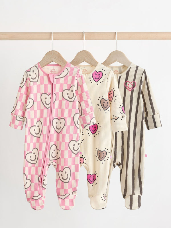 Pink Happy Heart Baby Two Way Zip Floral Print 100% Cotton Sleepsuits 3 Pack (0mths-2yrs)