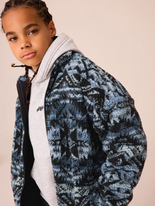 Mid Blue Printed Zip Through Borg Fleece (3-16yrs)