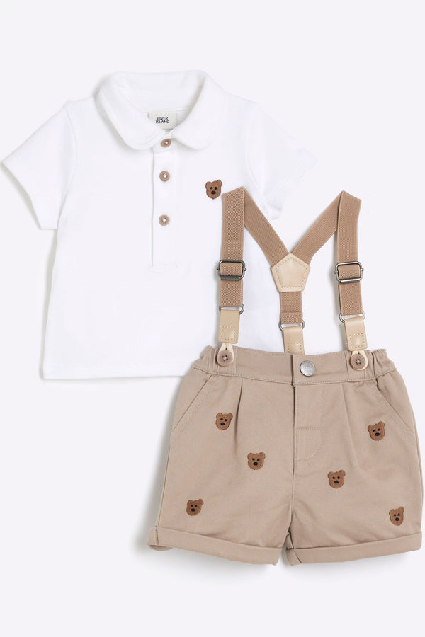 River Island Baby Boys Chinos Bear Dungarees Set