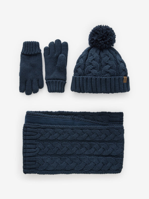 Navy Blue Cable Knit Hat Gloves & Scarf 3 Piece Set (3-16yrs)