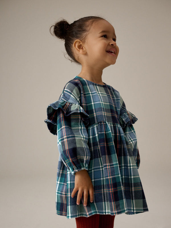 Green/Blue 100% Cotton Check Frill Dress (3mths-8yrs)