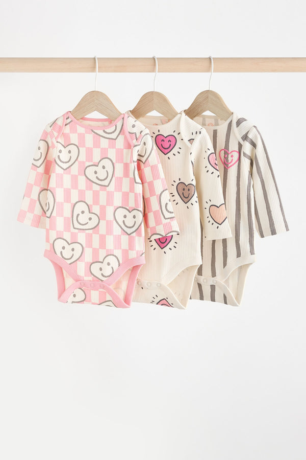 Pink Happy Heart Baby 100% Cotton Bodysuits 3 Pack