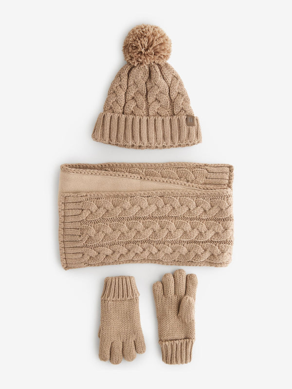 Neutral Cable Knit Hat Gloves & Scarf 3 Piece Set (3-16yrs)