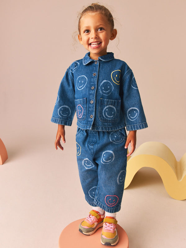 Denim Smiley 100% Cotton Shacket and Trousers Set (3mths-7yrs)