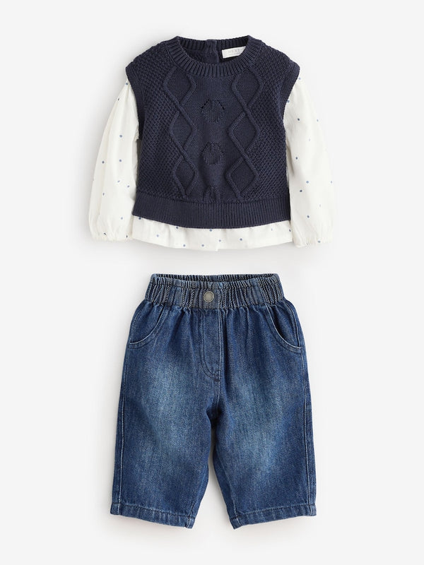 Navy Mock Layer 100% Cotton Jumper and Trousers Set (immediate)