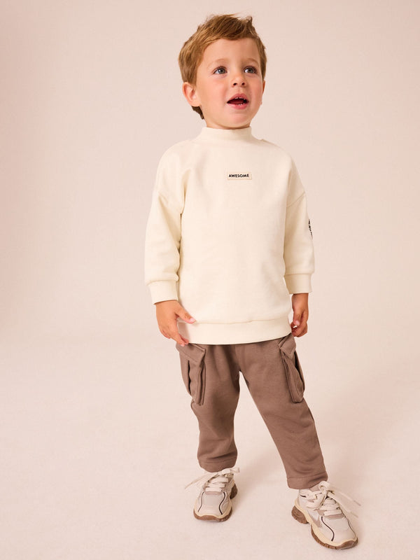 Ecru Cream/Brown High Neck Sweatshirt And Cargo Pocket Joggers Set (3mths-7yrs)