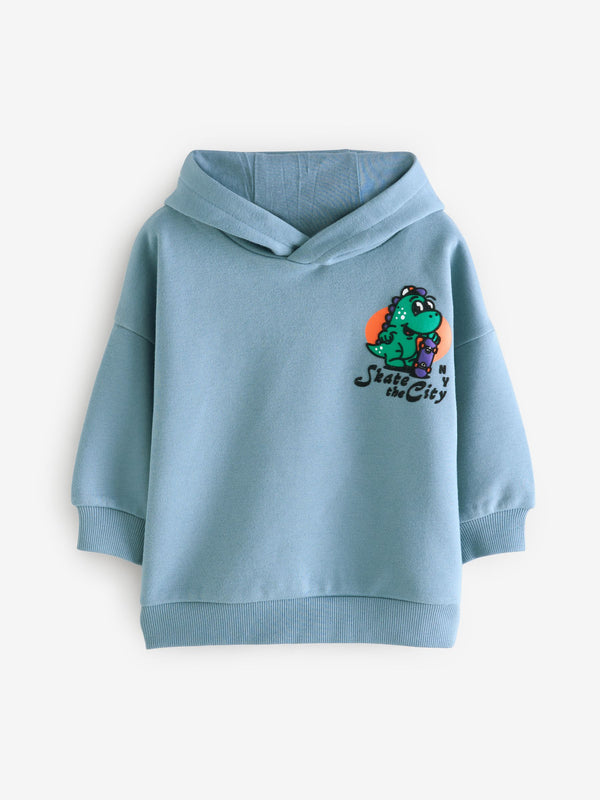 Teal Blue Dinosaur Character Backprint Hoodie (3mths-7yrs)