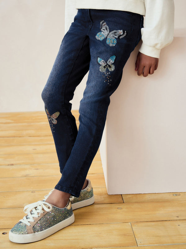 Blue Denim Butterfly Sequin Skinny Jeans (3-16yrs)