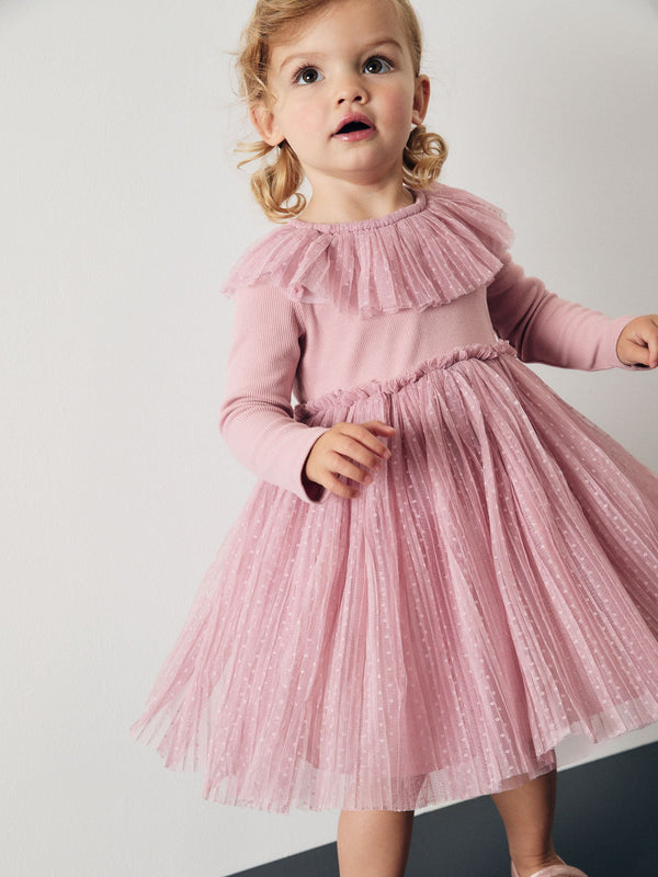 Pink Long Sleeve Mesh Dress (3mths-7yrs)