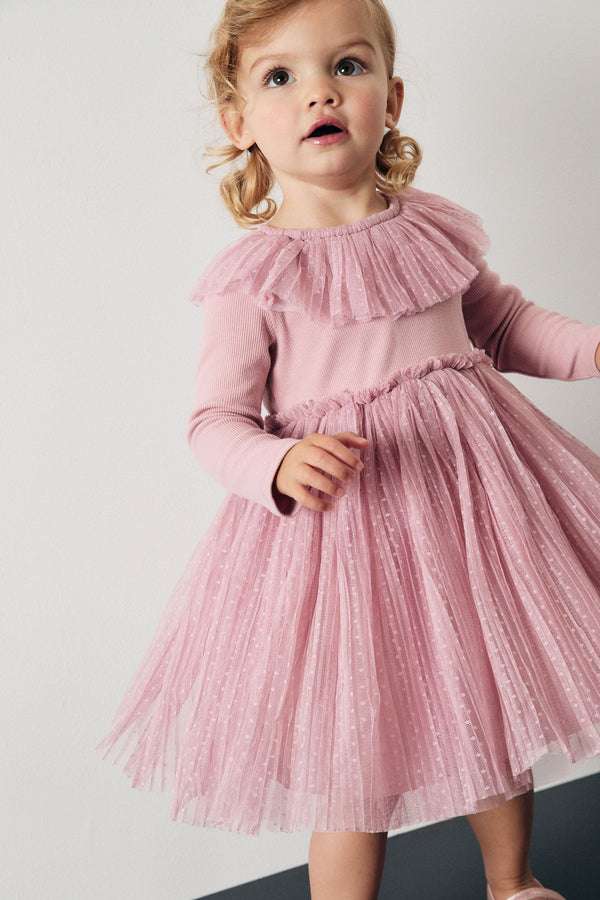 Pink Long Sleeve Mesh Dress (3mths-7yrs)