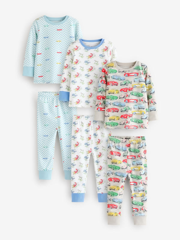 Blue/White Cars Snuggle Pyjamas 3 Pack