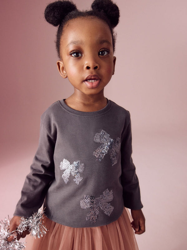 Charcoal Grey 100% Cotton Long Sleeve Bow Sequin T-Shirt (9mths-7yrs)