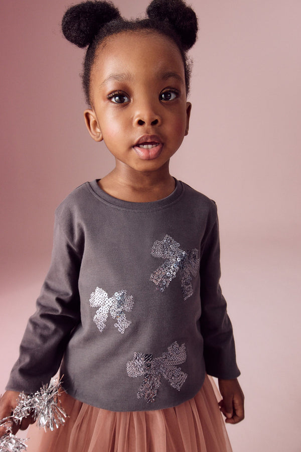 Charcoal Grey 100% Cotton Long Sleeve Bow Sequin T-Shirt (9mths-7yrs)