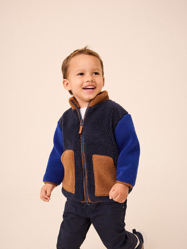 Blue/Brown Colourblock Fleece Zip Through Jacket (3mths-7yrs)